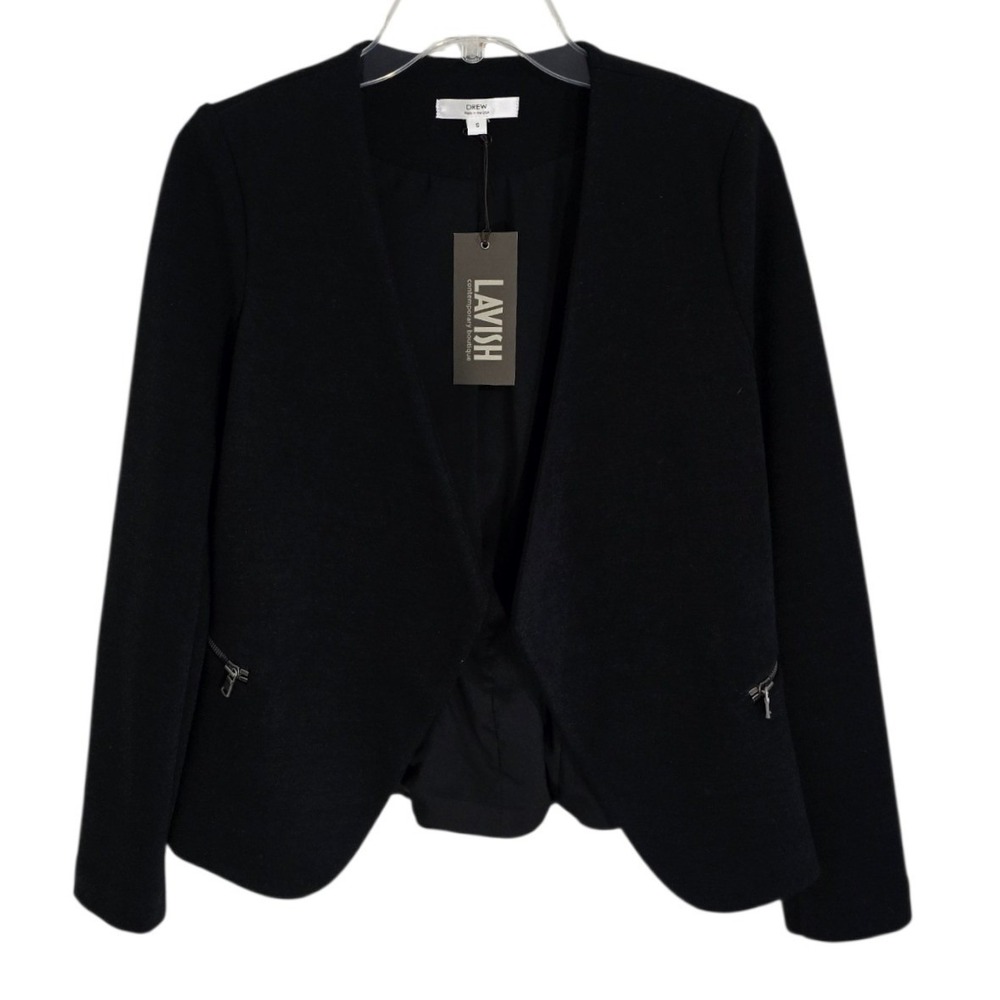 DREW Vivian Zip Jacket Black Collarless Open Front Blazer JI2941 Women Small NEW